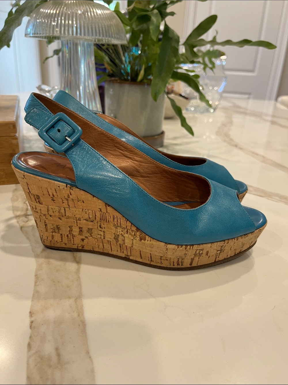 Marc Cain Teal Blue Leather Cork 3.25” Wedge Slingback Peep-Toe Sandals